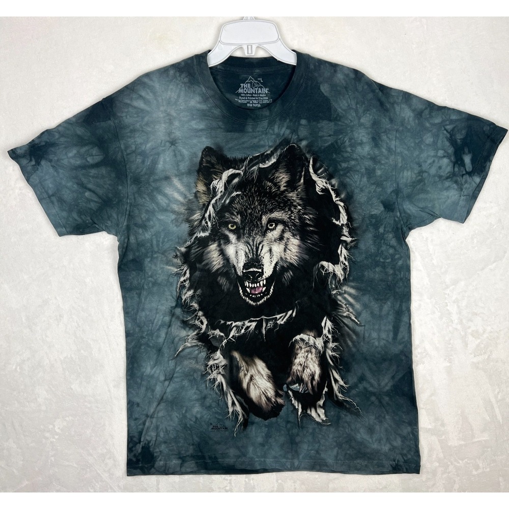 Vintage The Mountain T Shirt Mens Large Blue Running Wolf Short Sleeve Crewneck